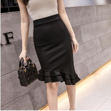 新薇丽（Sum Rayleigh）不规则鱼尾裙 2019春季新款韩版高腰弹力包臀荷叶边一步裙 MSYZ865 黑色 S