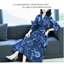 XZOO连衣裙长袖2019春季新款女装韩版时尚洋气印花收腰裙子 藏青色 XL