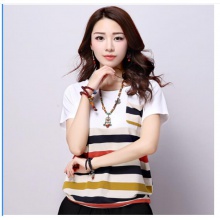 简芷（JIANZHI）夏季显瘦百搭韩版气质文艺圆领条纹T恤女短袖 X907 黄色条纹 M